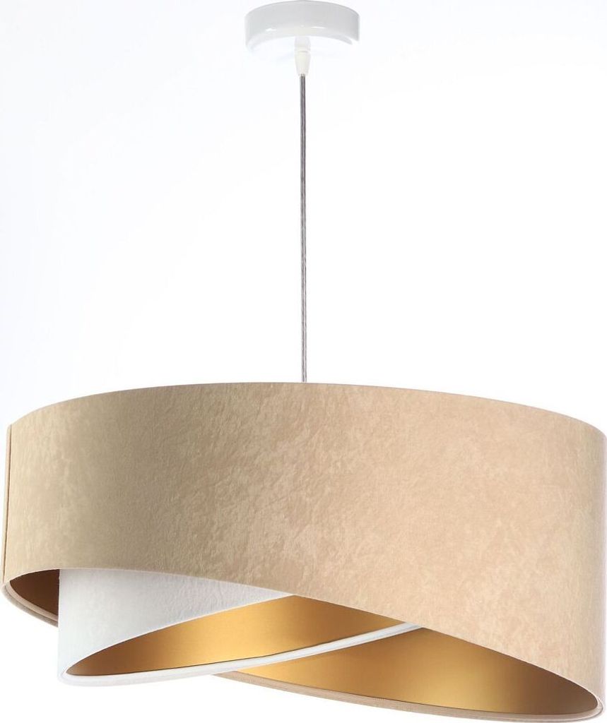 Pendelleuchte Stoff Metall E27 Ø 50 cm H: max. 102 cm in Weiß Beige Gold rund Modern Hängelampe