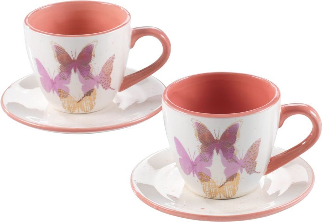 Mascagni 20CA1019 2 Kaffetassen Set rosa Schmetterlinge 14x8,5 cm