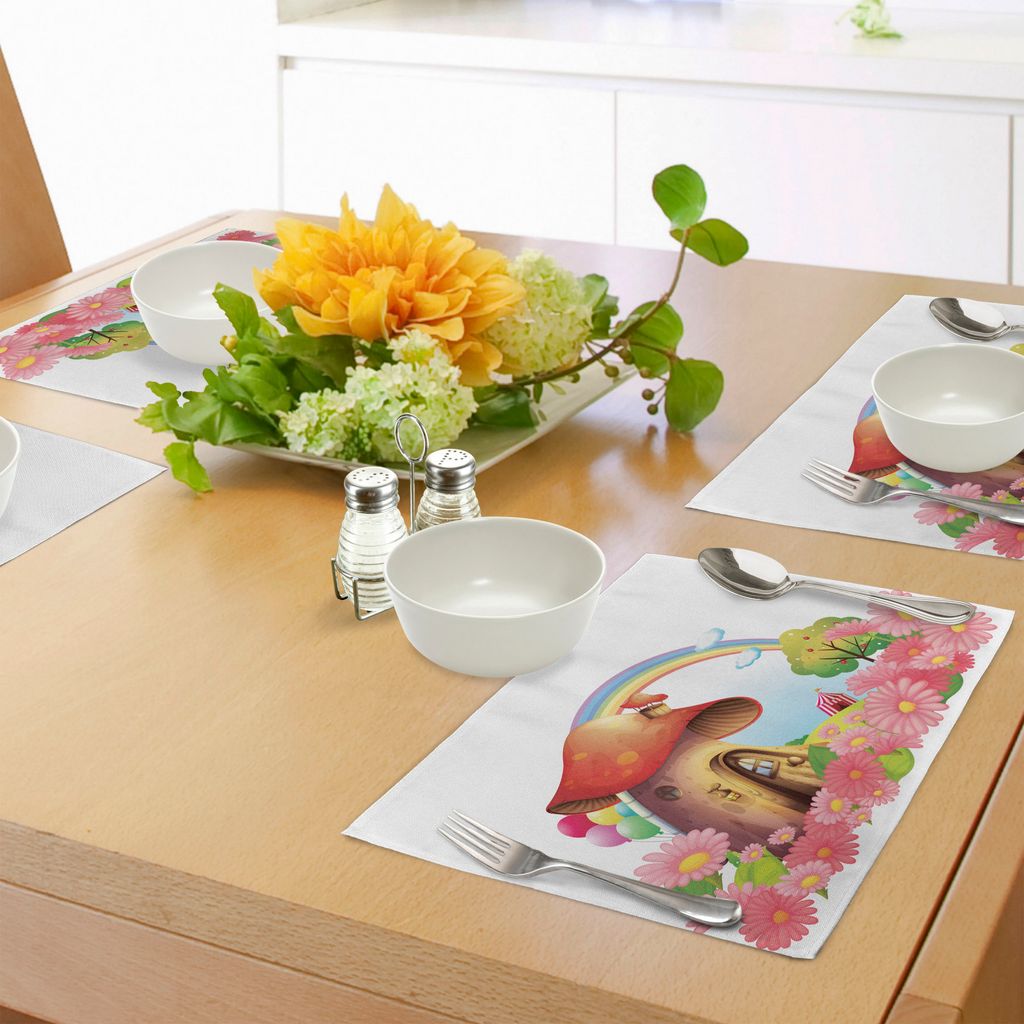 ABAKUHAUS Pilz Platzmatten, Kleines Shroom Haus im Garten der Blumen-Regenbogen-Frucht-Baum-Zirkus-Zelt-Ballone, Tiscjdeco aus Farbfesten Stoff fü...