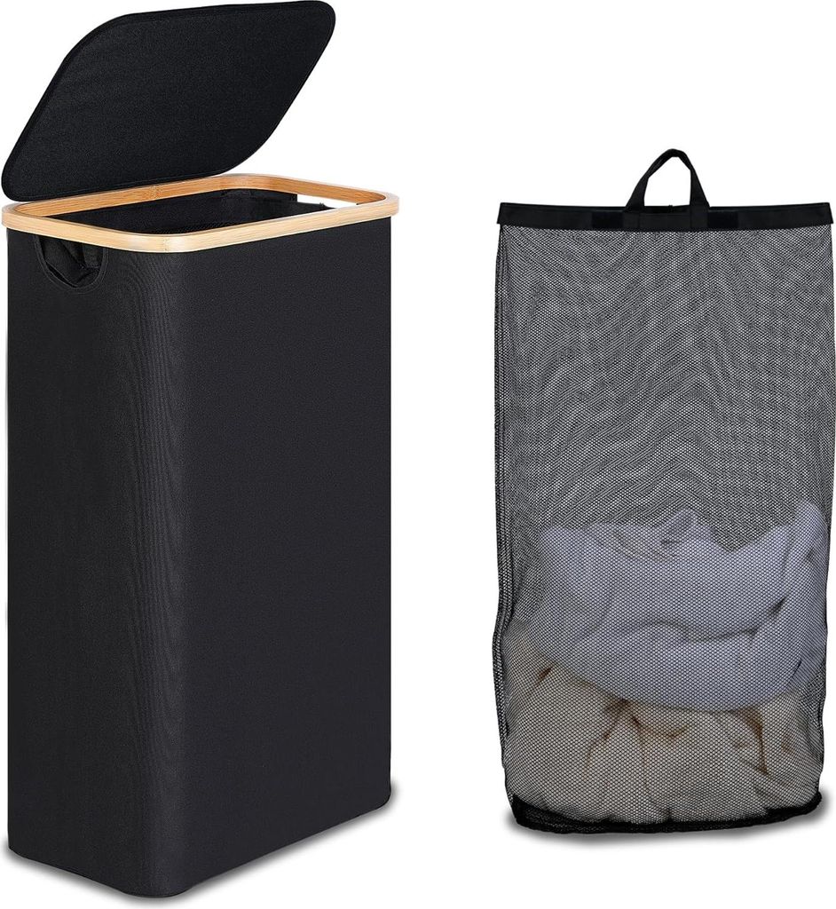 Wäschekorb mit Deckel - 75 Liter - schwarz mit Bambusgriffen - faltbar