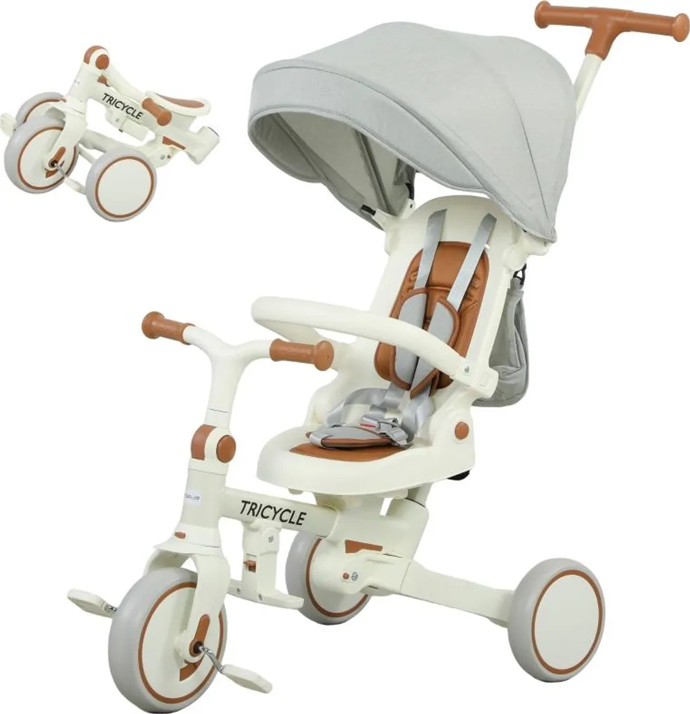 Poussette Tricycle Evolutive Bébé 5 en 1 avec Poignée Parentale Blanc