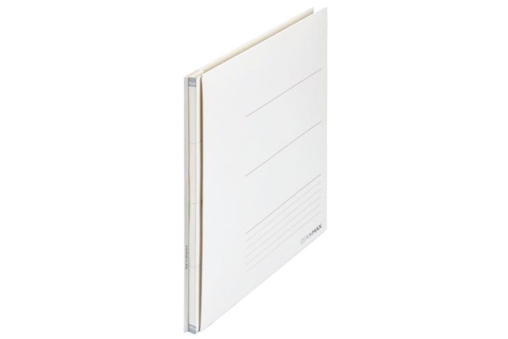 A white binder with horizontal lines on the cover, shown from a side angle.