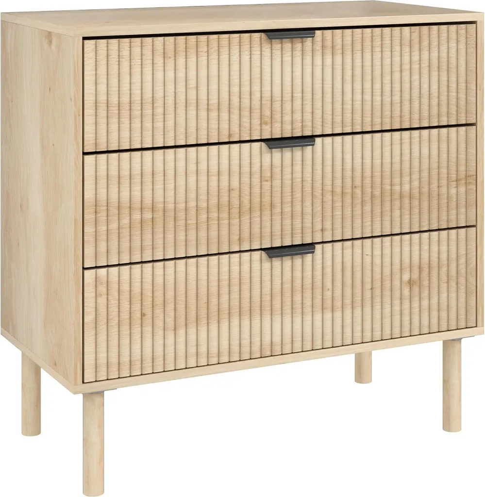 Commode façades rainurées et poignées métal - Finition Chêne Naturel