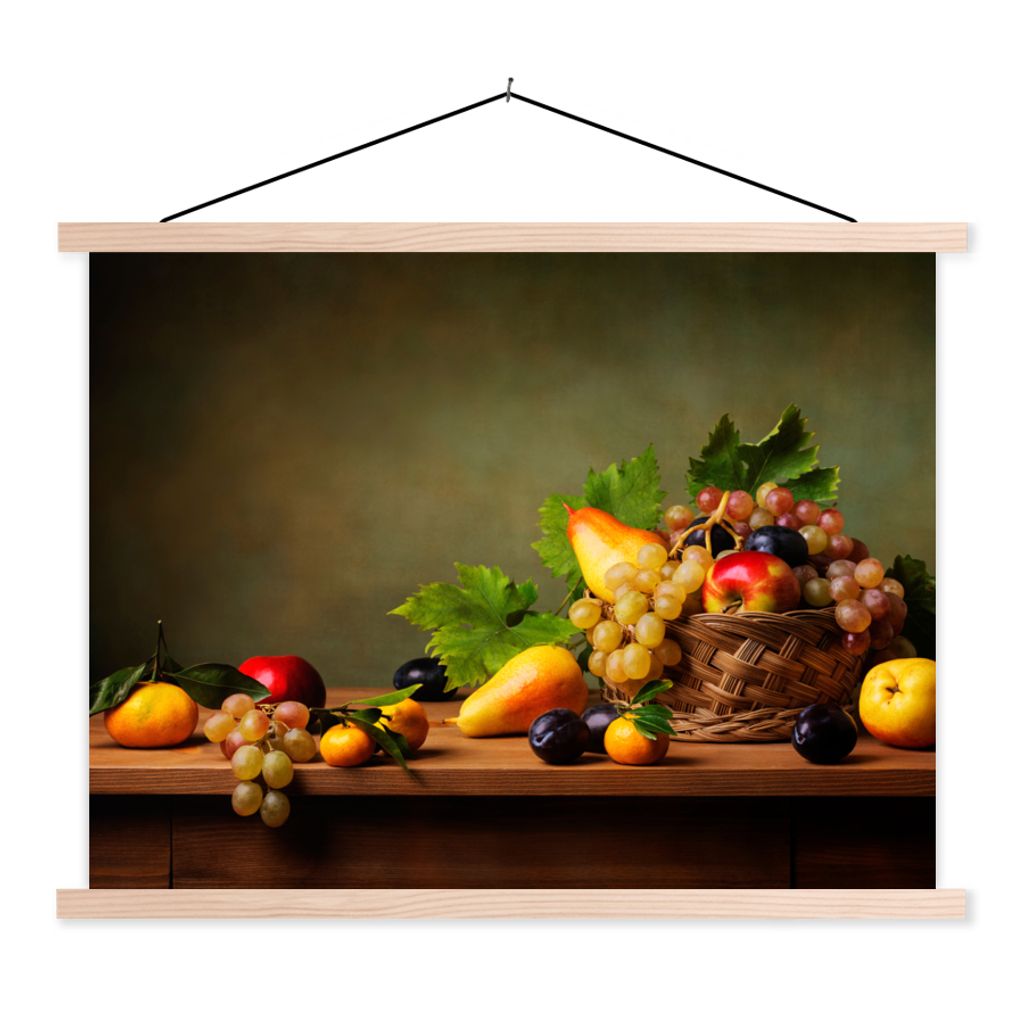 MuchoWow Textilposter Rustikal - Korb - Obst - Stilleben 120x90 cm mit holzfarbenen Rahmen - Magnetisch