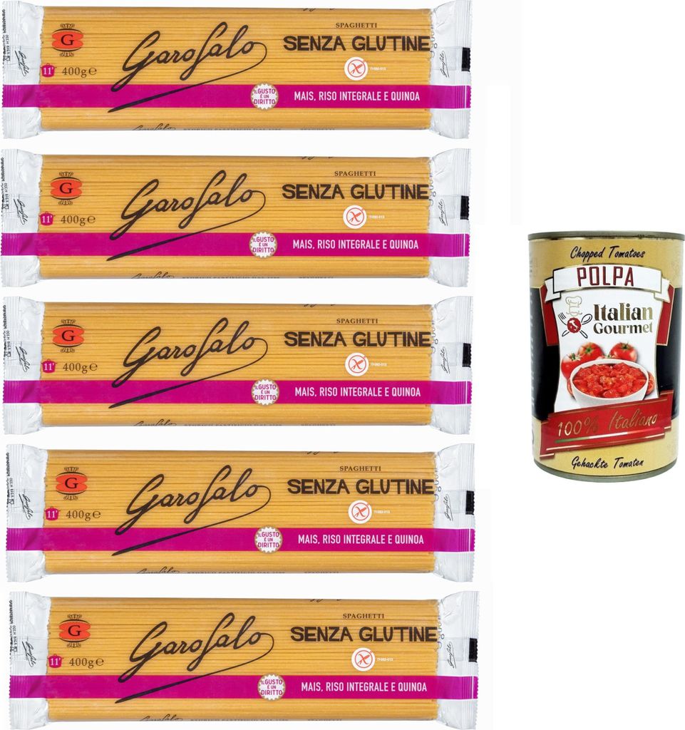 Garofalo Spaghetti Pasta senza Glutine, Glutenfreie Pasta aus Mais, Naturreis und Quinoa 5x400gr + Italian Gourmet polpa 400g