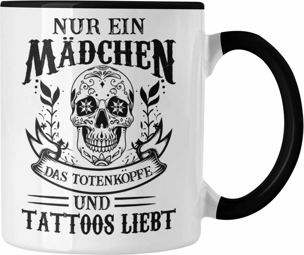 Trendation - Tattoos Frauen Tasse Tätowiererin Geschenk Kaffeetasse Tattoo Totenkopf Tassen (Schwarz)
