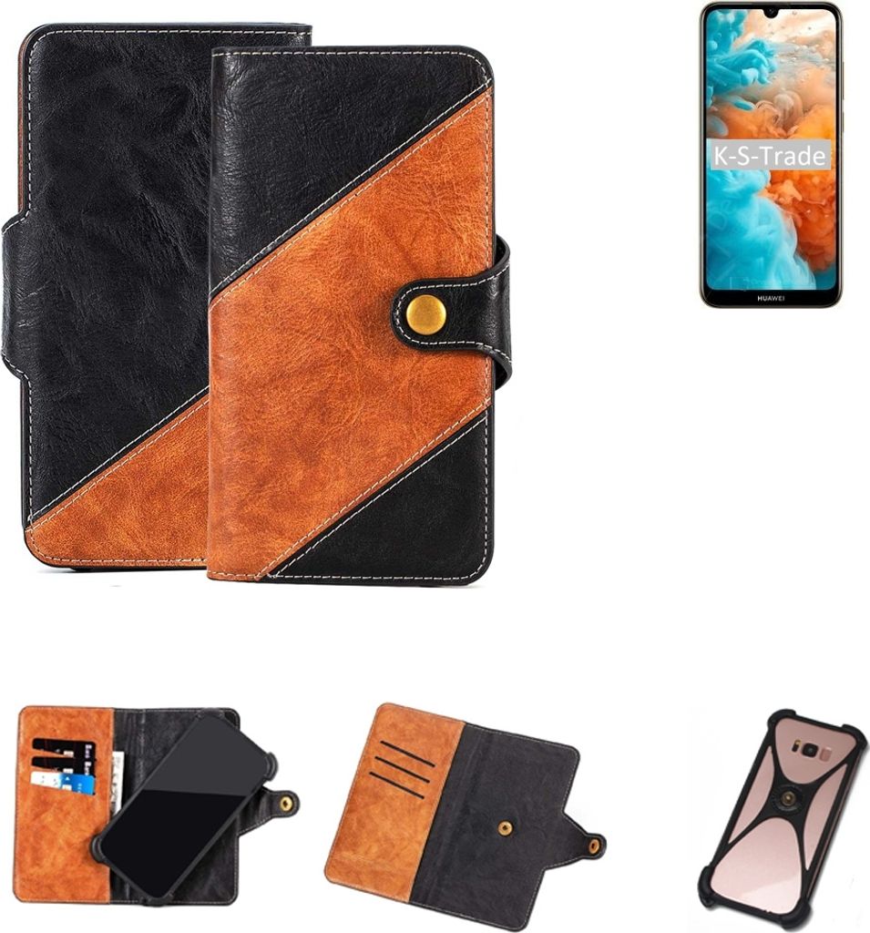 K-S-Trade Handyhülle Schutzhülle Bookstyle Case Wallet-Case kompatibel mit Huawei Y6 Pro 2019 Handy Cover Bumper Klapphülle schwarz hellbraun 1x