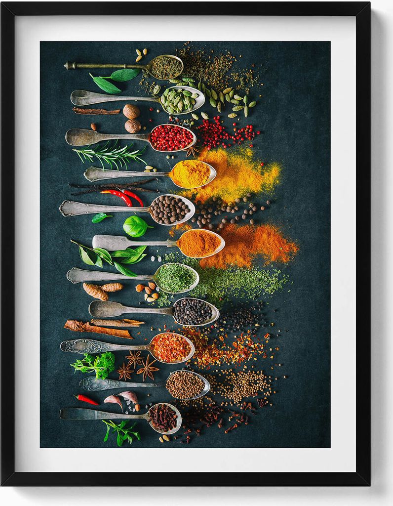 Löffel mit bunten Gewürzen– Wandbild mit Rahmen – Gerahmtes Bild – Wanddekoration – 60x80 cm – Schwarz Rahmen