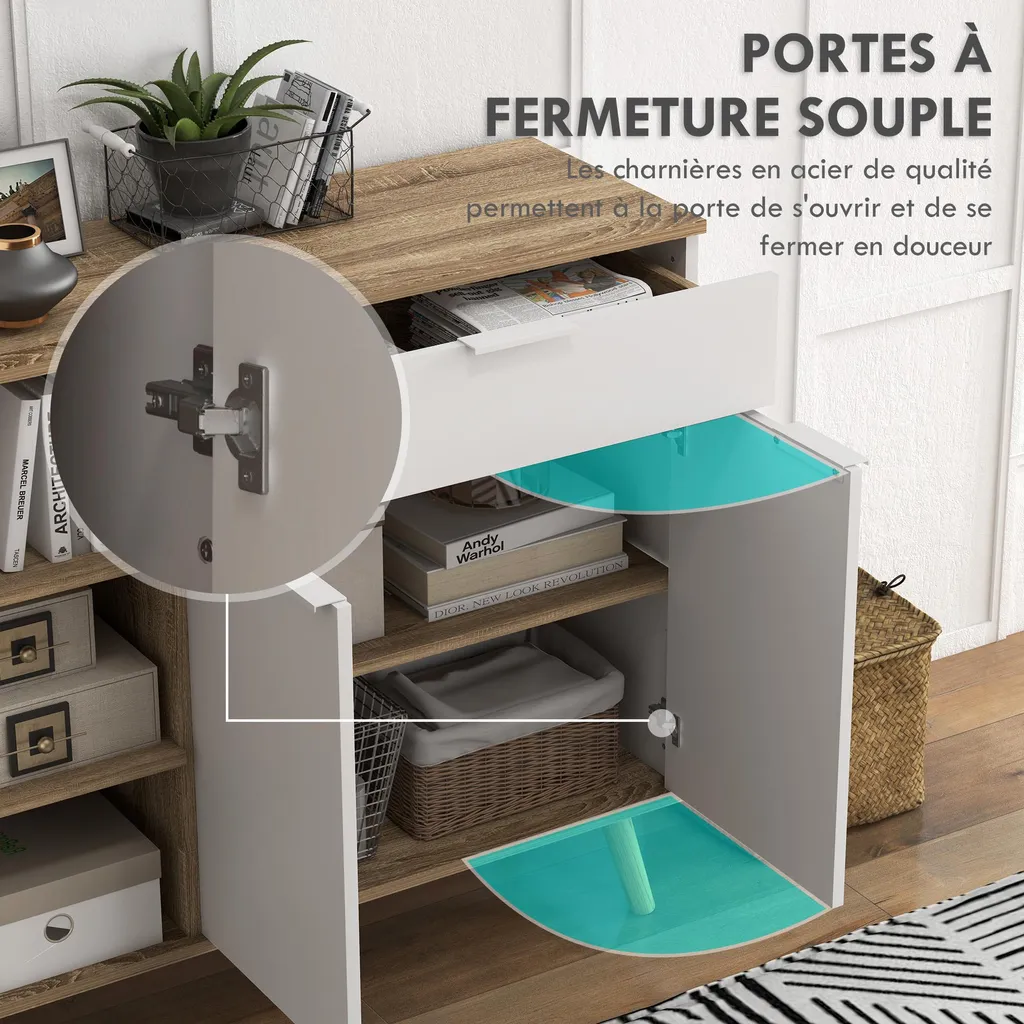 HOMCOM Buffet de cuisine blanc commode de rangement avec étagères réglables - 4