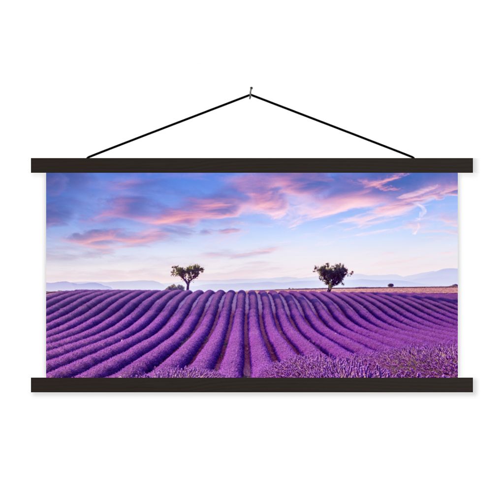 MuchoWow Textilposter Lavendel - Natur - Lila - Bäume - Blumen 120x60 cm mit schwarzem Rahmen - Dekoration Schlafzimmer
