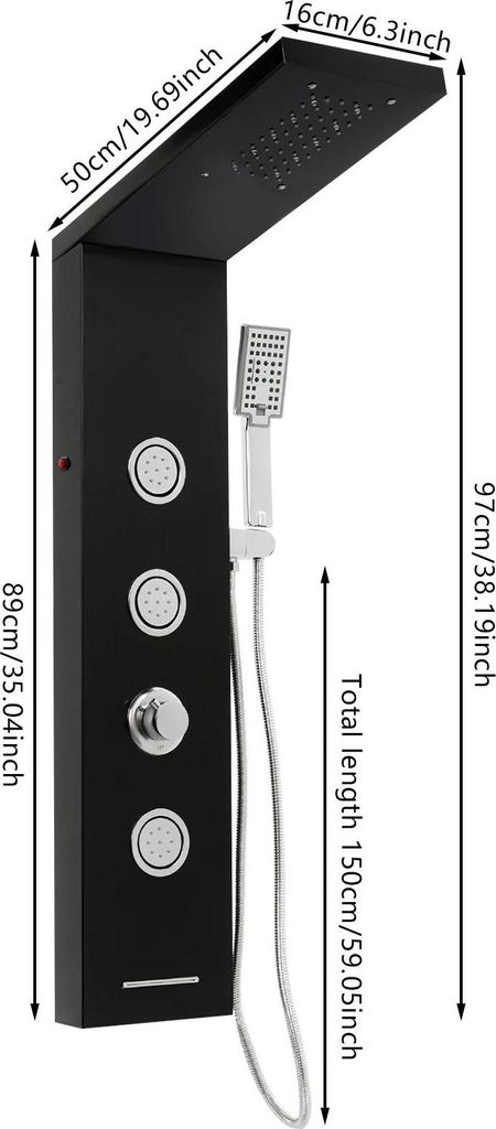 Duschpaneel - Duschsäule Set - Edelstahl - 10 LEDs - Rechteckiger Duschkopf - Wand-/Unterputzmontage - G1/2-Anschluss - Gebürstet - Schwarz