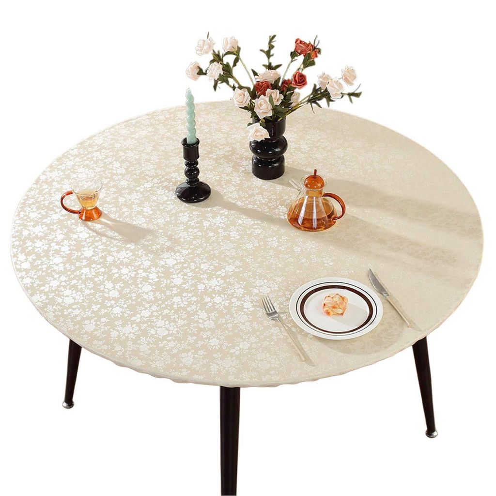Tischdecke Rund Elastische Wasserabweisend Tischdecke Kunstleder Outdoor Gartentischdecke, Beige 120cm