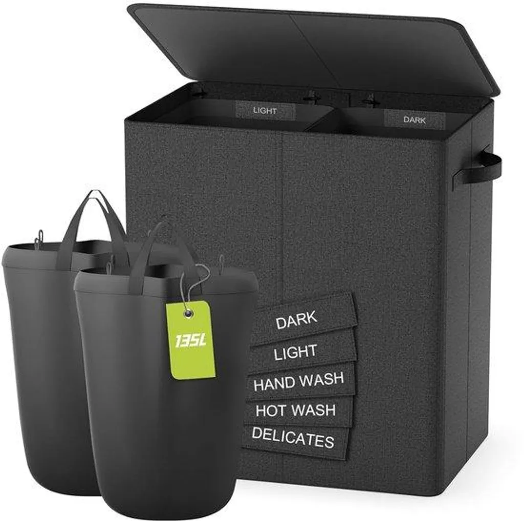 Bac à linge extra-large 135L gris foncé avec couvercle discret et rigide