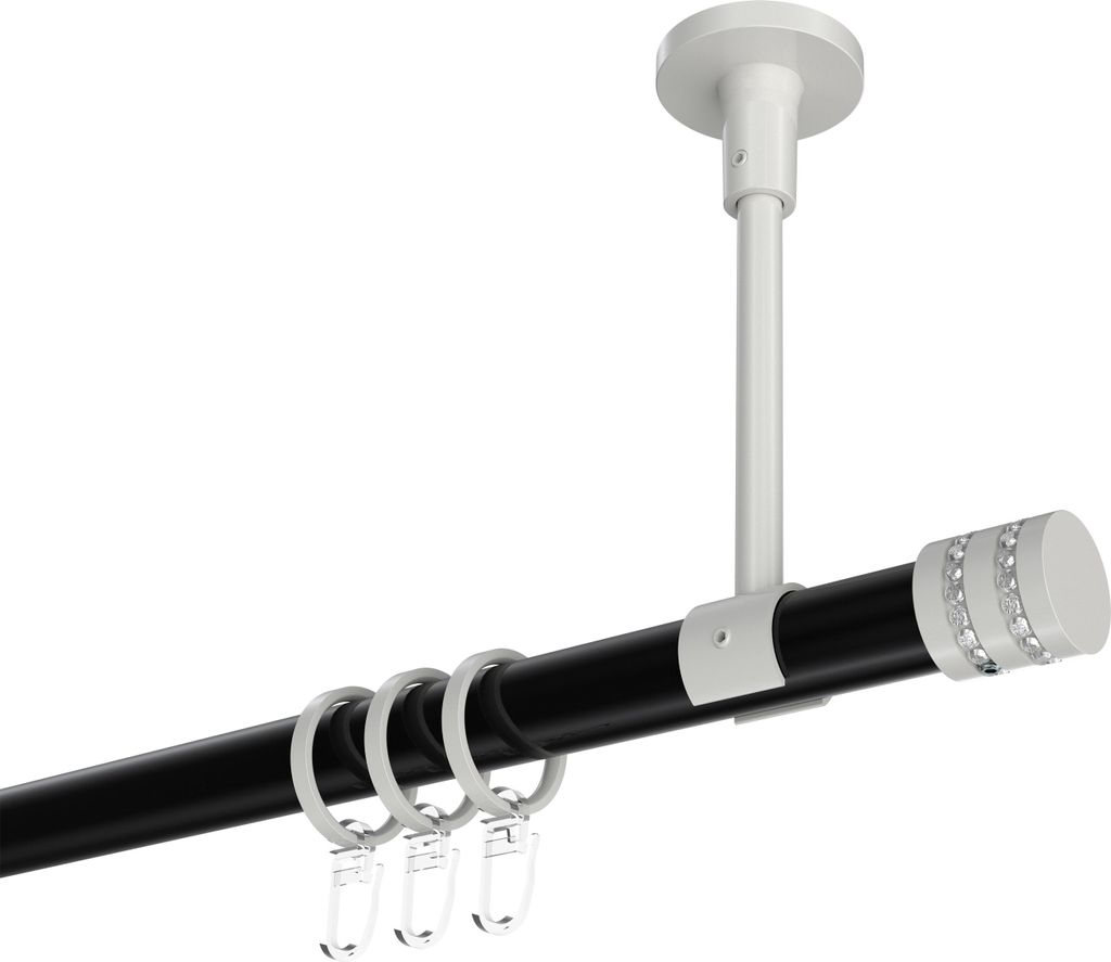 Interdeco Gardinenstange / Vorhangstange Schwarz / Weiß, Typ Sonette Estana (Glitzerkappe) Deckenmontage, 20 mm Ø 1-läufig, 160 cm