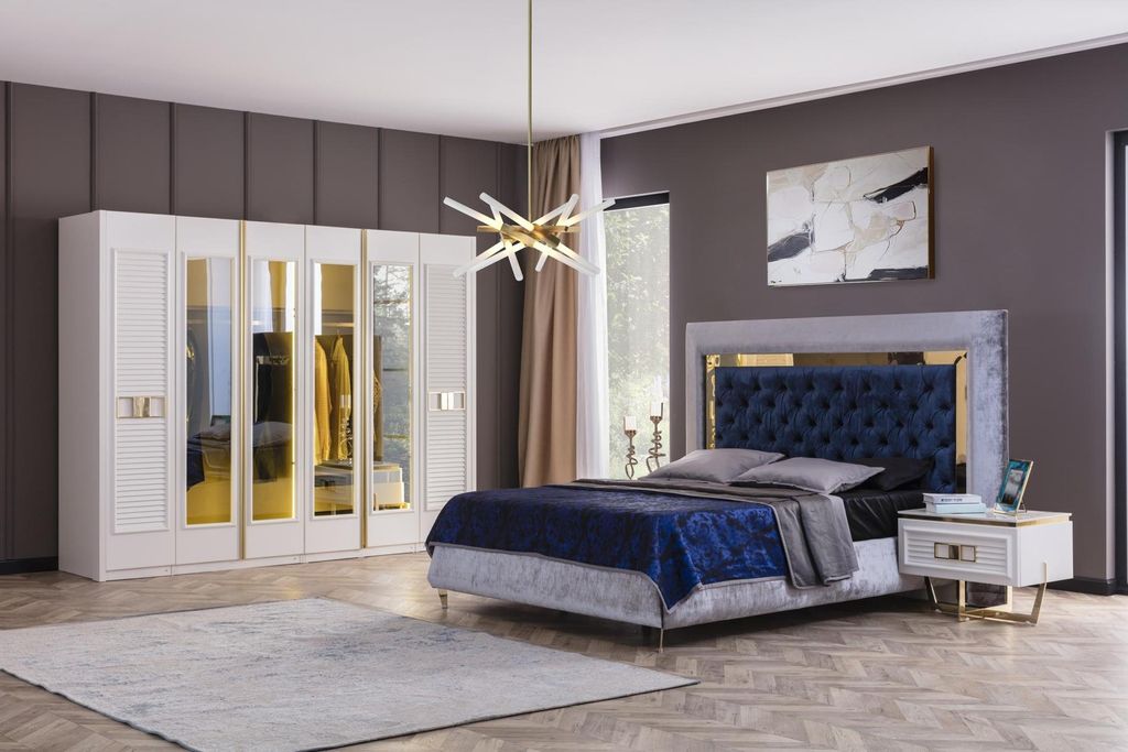 Schlafzimmer Set Polster Bett 2x Nachttische Kleiderschrank Luxus Möbel