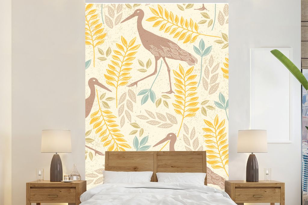 MuchoWow Fototapete für Wohnzimmer oder Schlafzimmer Wandtapete Vinyl Motivtapete Vogel - Muster - Pastell - 155x240 cm - Tapete