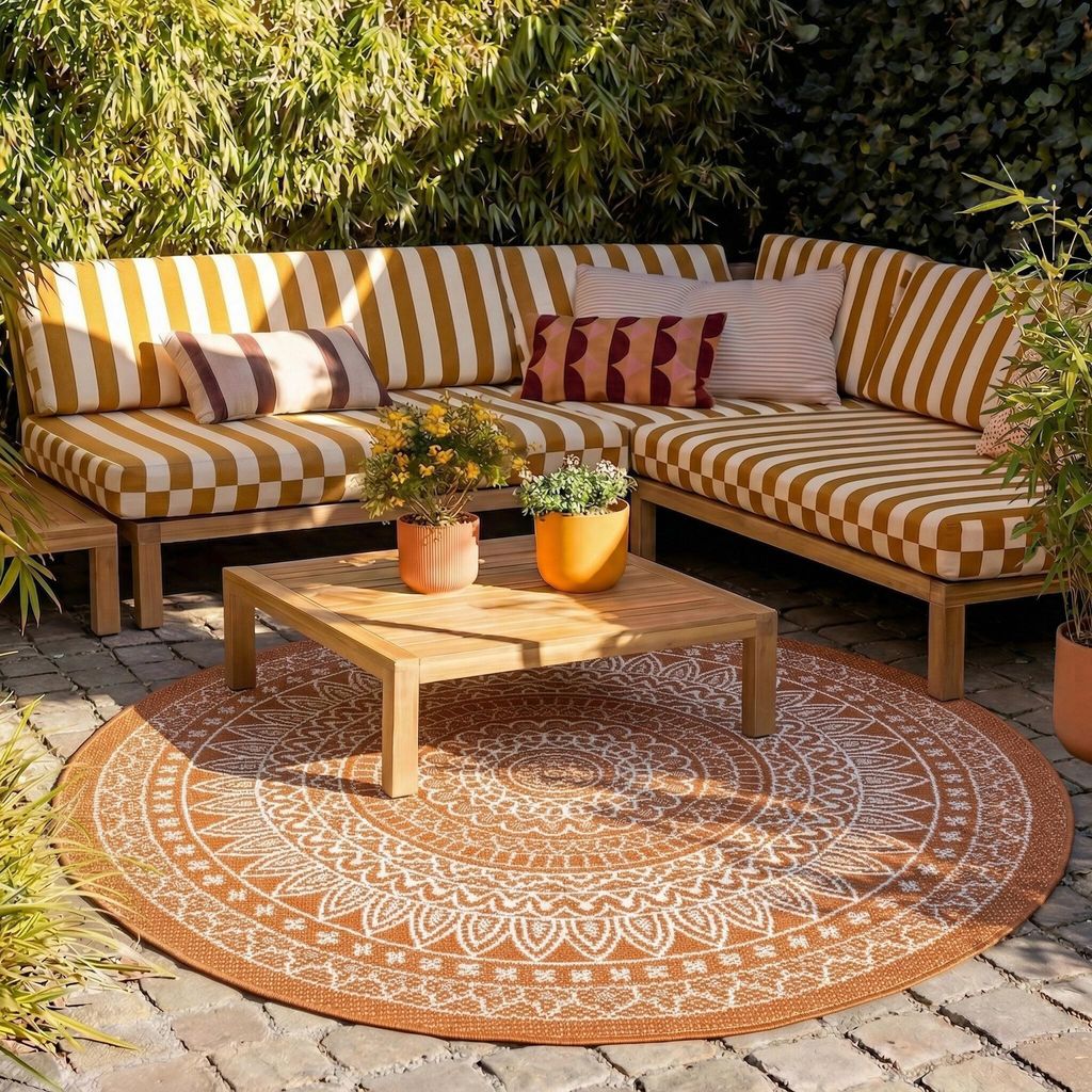 Volero - Outdoor Teppich Rund - Summer Azteca Terracotta - Ø 180 cm - Balkon, Garten, Terrasse - Boho, Ländlich, Modern