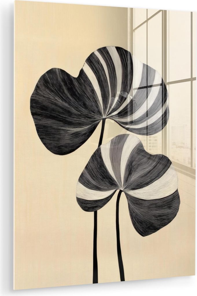 MuchoWow Glasbilder - Bilder auf Wandbild - Foto auf Glas Schwarz - Blätter - Streifen - Minimalistisch 30x40 cm Wanddekoration aus Glas - Acrylgl...
