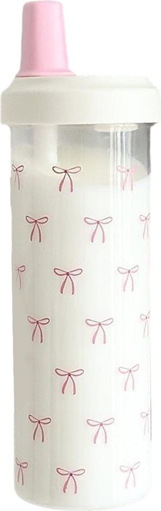 Wasserflasche mit rosa Schleifenaufdruck und Strohhalmdeckel, 700 ml, süße Teetasse, tragbarer Milch-/Saftbehälter für Outdoor-Schule und Reisen