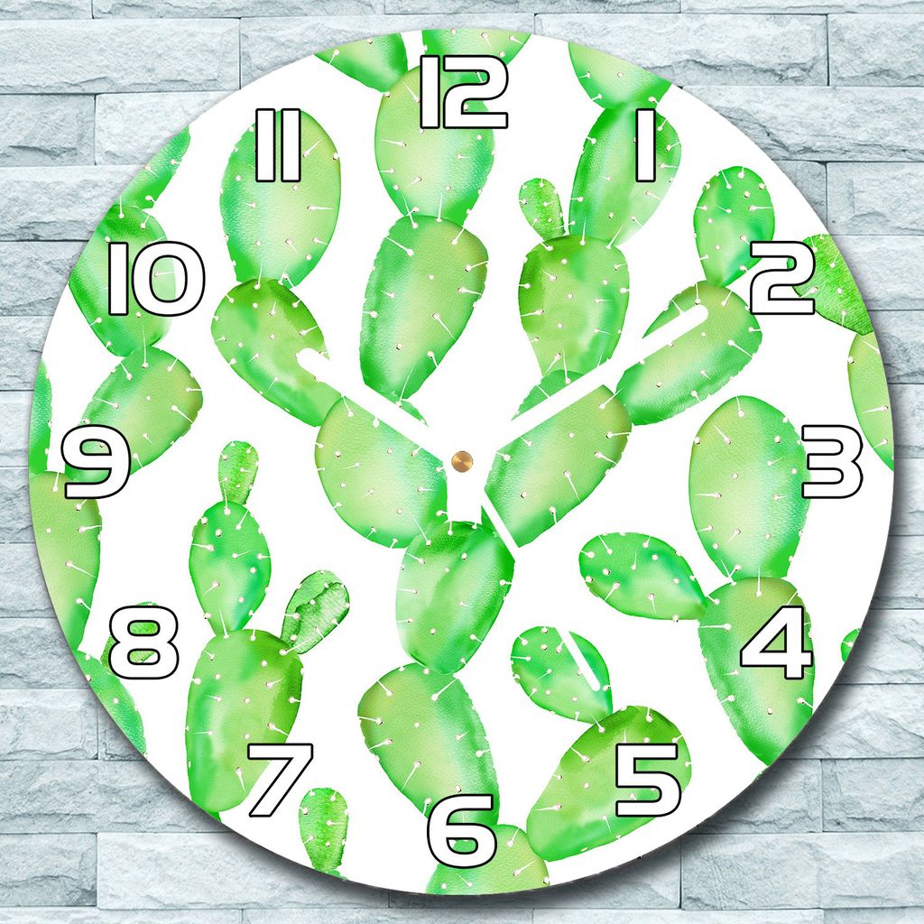 Wanduhr aus Glas Rund fi 30 Grüne Kakteen Quarz Deko Schlafzimmer Büro