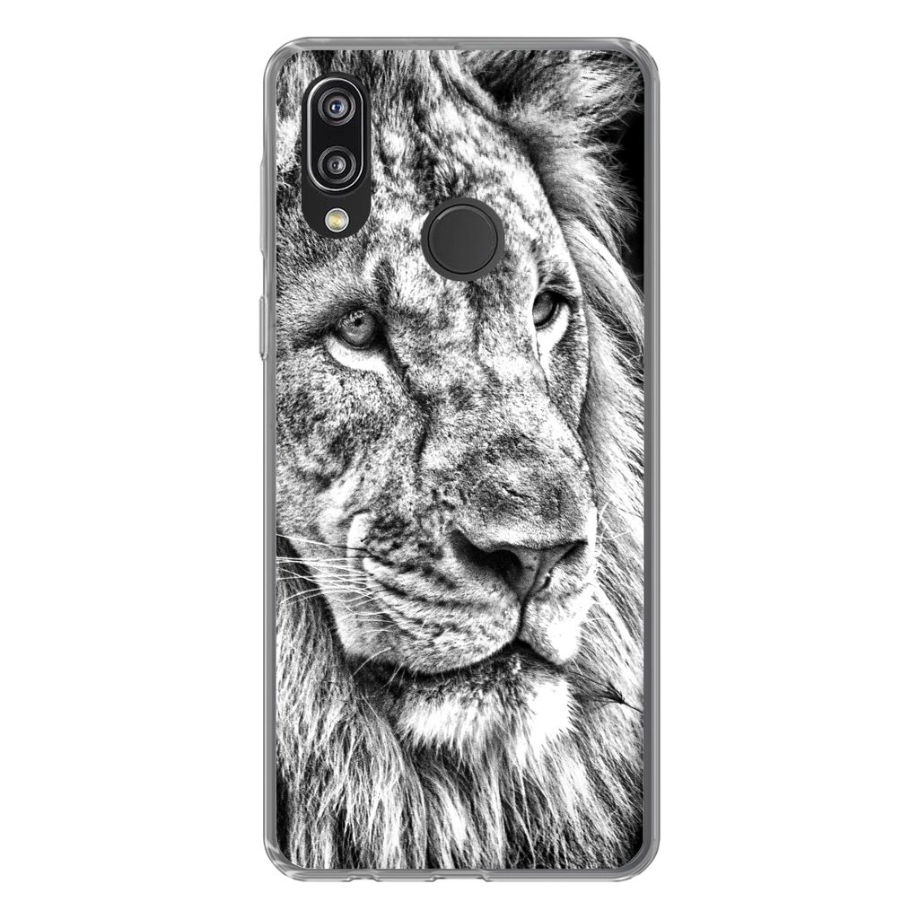 MuchoWow Handyhülle Schutzhülle Hülle für Huawei P20 Lite (2020) Porträt - Löwe - Schwarz und weiß Silikon Softcase Handy Hülle - Kartenh...