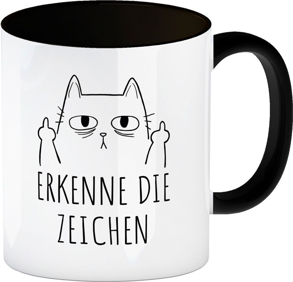 Katze mit Mittelfinger Kaffeebecher in schwarz mit Spruch Erkenne die Zeichen
