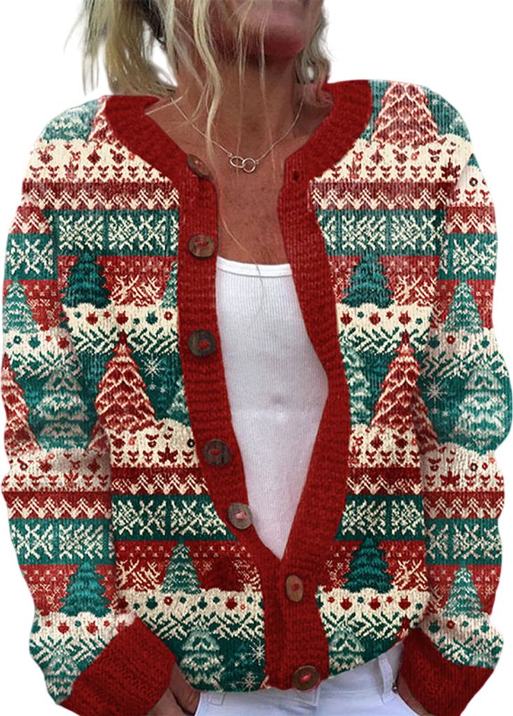 ASKSA Damen Weihnachts Strickjacke Weihnachtsjacke Weihnachten Cardigan Reindeer Weihnachtsmann Weihnachtspullover Sweat,C-Rot,XL