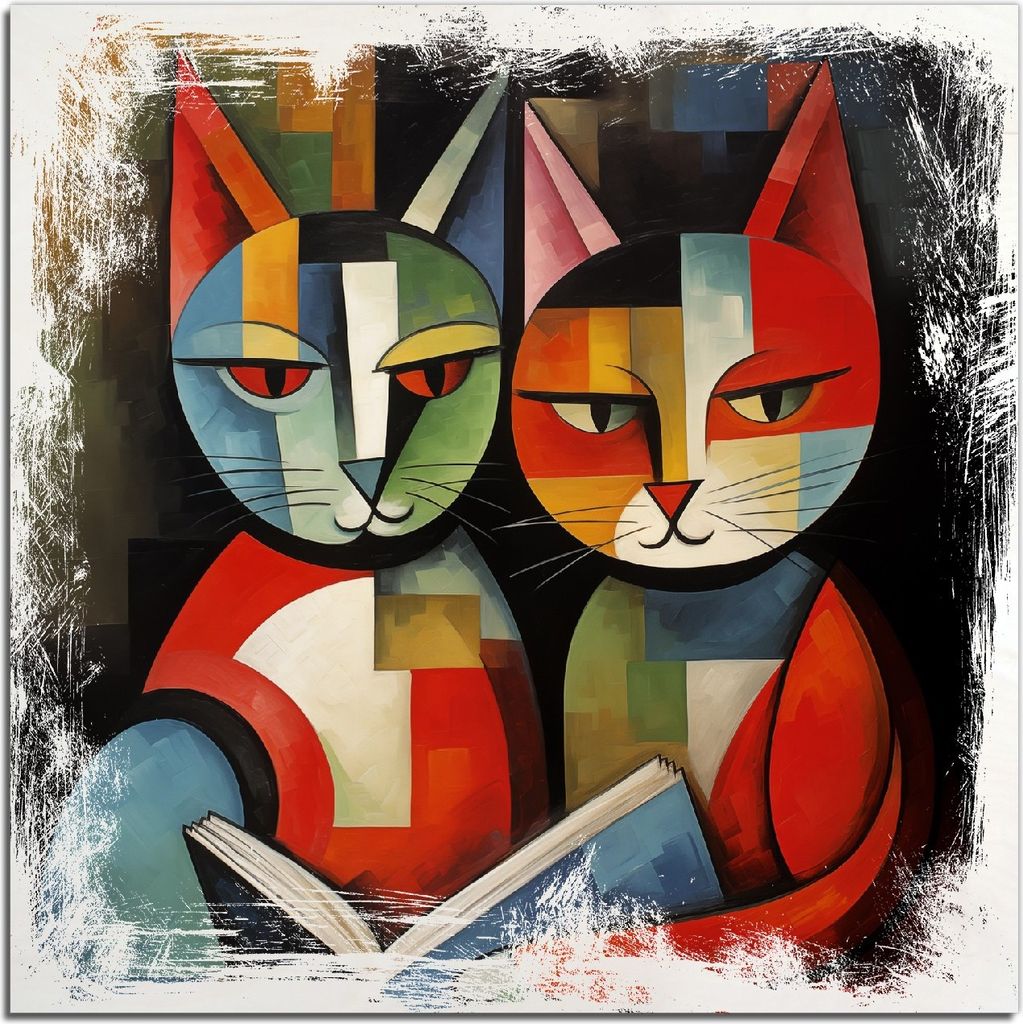 Kunstdrucke Wandbilder Holz in : Brillante Farben, Größe 50 x 50 cm Motiv Lesende Katzen