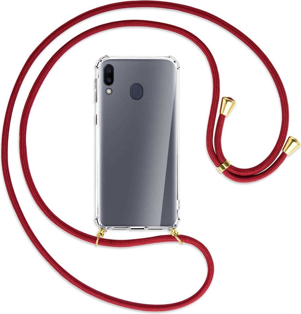 Handykette Backcover-Schutzhülle mit Band (Metall goldfarben) für Samsung Galaxy M20 - dunkelrot