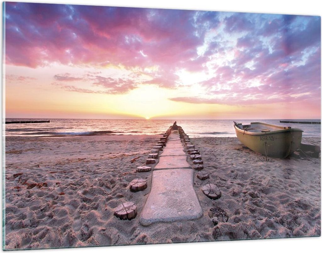 Bilder auf glas - Einteilig - Boot Strand Himmel - 120x80cm - Glasbilder - Wandbilder - Bilder - zum Aufhängen bereit - Wanddekoration aus Glas - ...