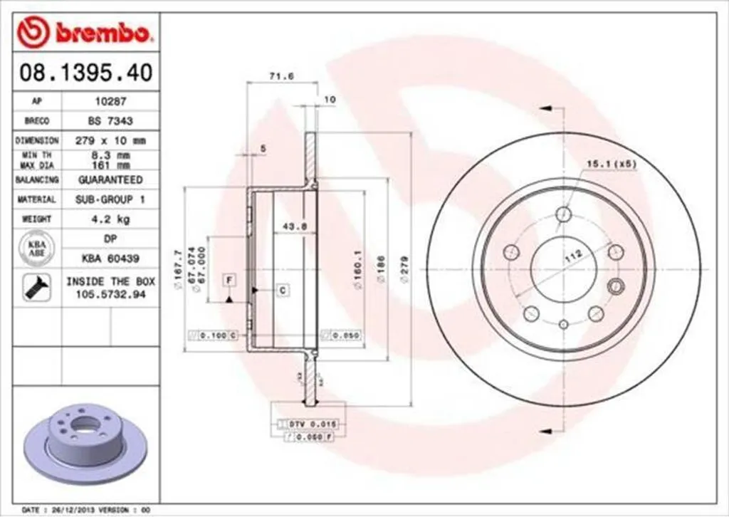 Disque de frein Brembo 08.1395.40 traité anticorrosion haute stabilité