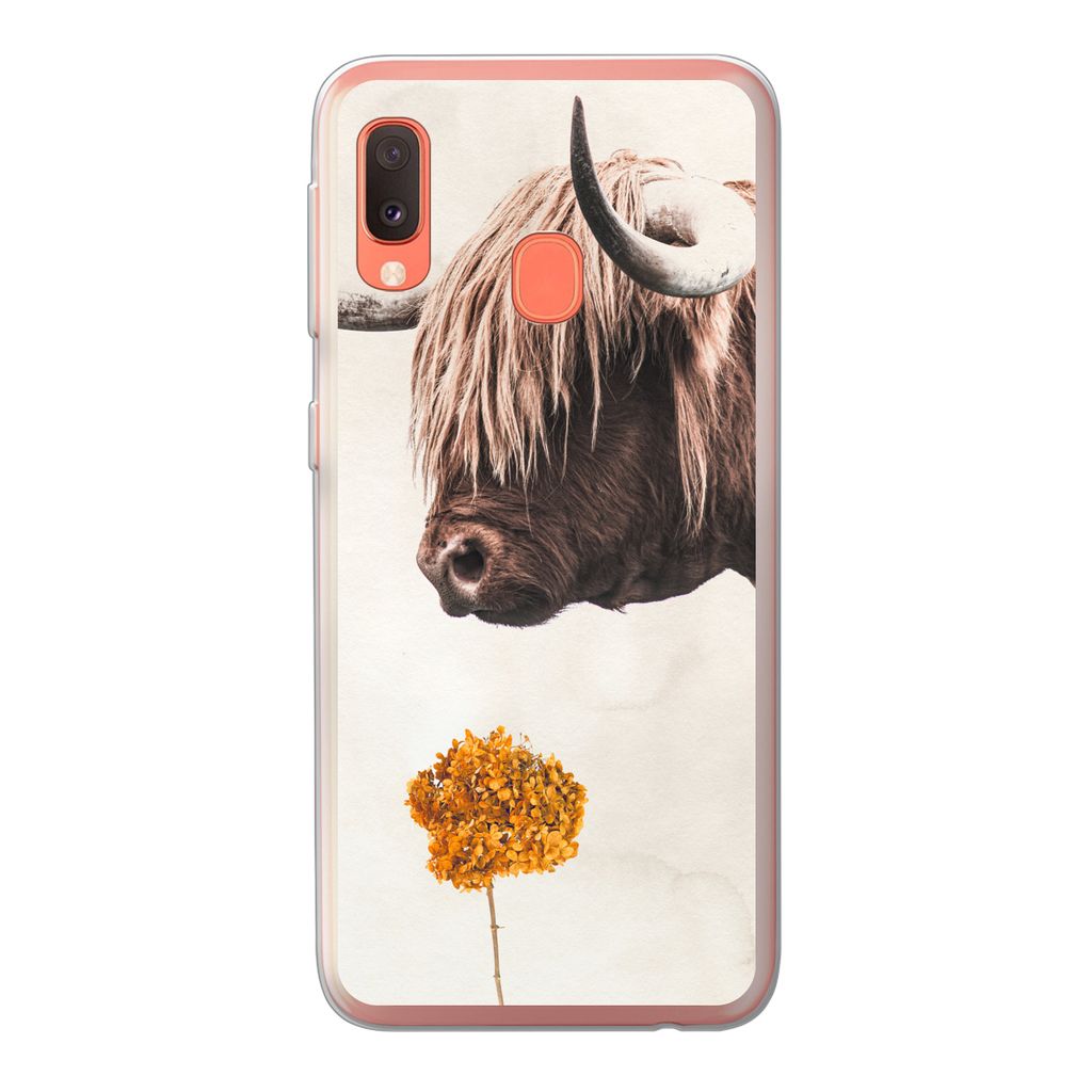 MuchoWow Handyhülle Schutzhülle Hülle für Samsung Galaxy A20e Schottischer Highlander - Vintage - Blume Silikon Softcase Handy Hülle - Abdec...