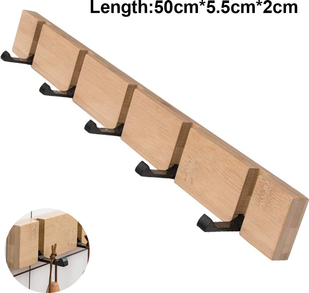 A wooden wall-mounted coat rack with five black hooks, presented against a white background. A small inset image shows a close-up of the rack and hooks, with items hanging from them.