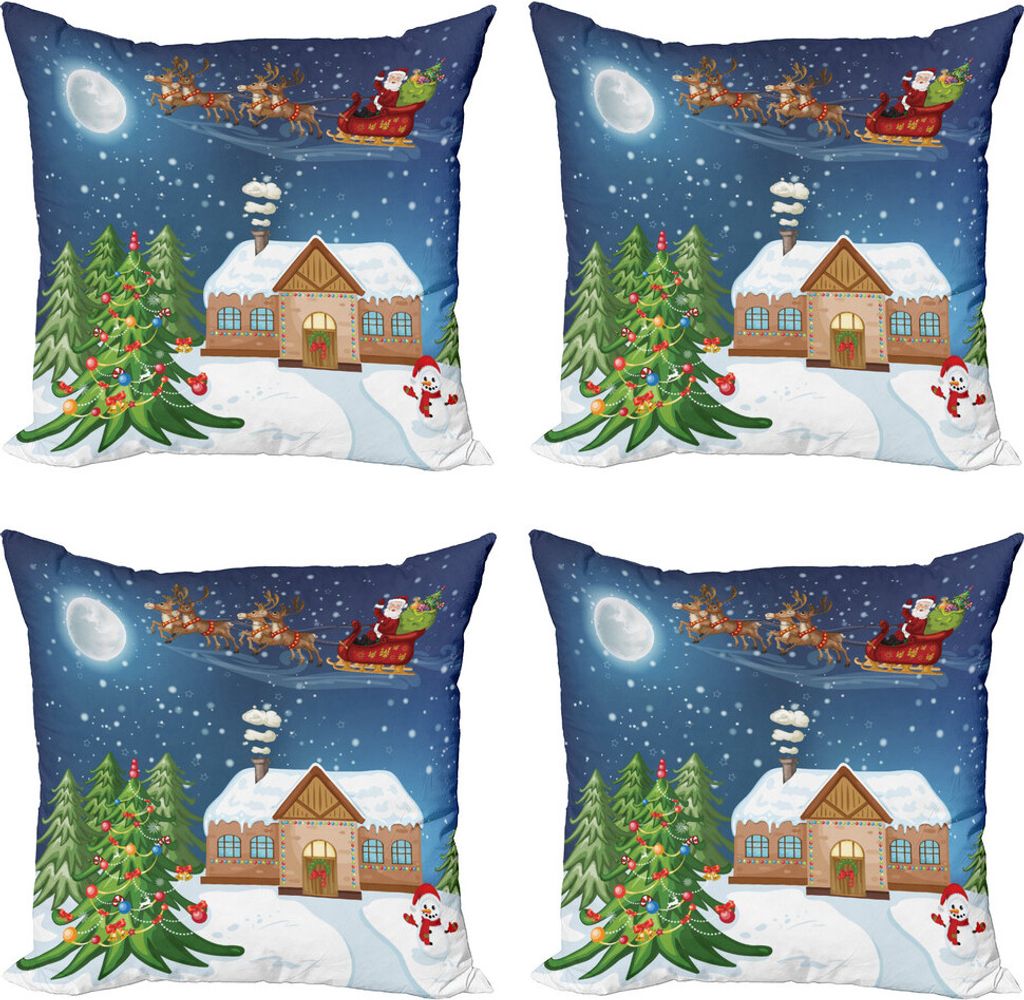 ABAKUHAUS Weihnachten Kissenbezug Set (4 Stück), Sankt mit Rudolf, Moderner Doppelseitiger Digitaldruck, 60 cm x 60 cm, Mehrfarbig