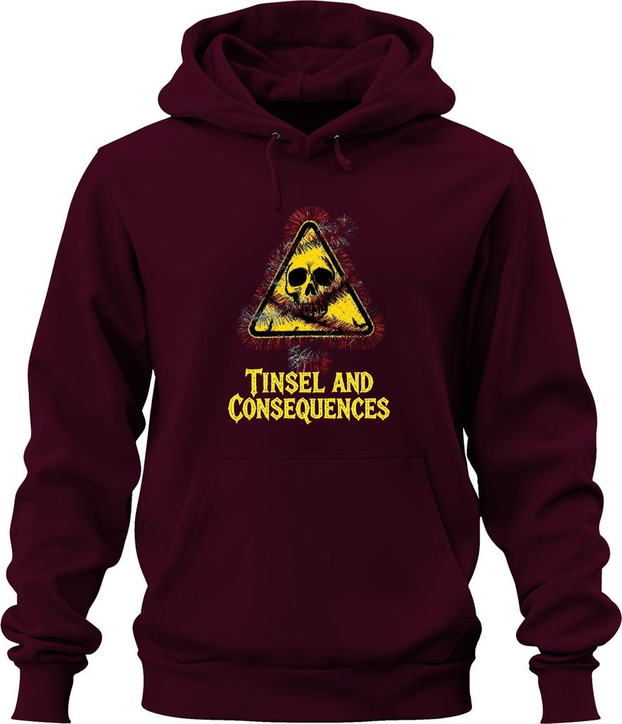 Tinsel and Consequences Totenkopf Lametta Warnschild Weihnachten Uni Hoodie Kapuzenpullover, Burgundy, M