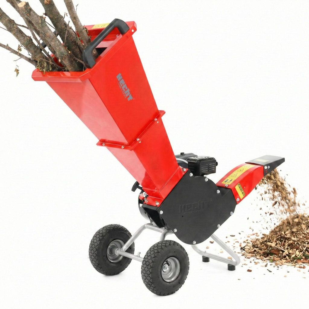 Gartenhäcksler Holzhäcksler Benzin HECHT 6206 | 4,3kW / 5,8PS | bis 7 cm | 2 scharfe Wendemesser Trommelsystem | mit ÖL | Not-Aus-Schalter