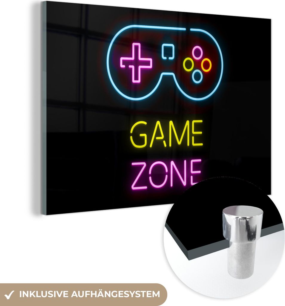 MuchoWow Glasbilder - Bilder auf Wandbild - Foto auf Glas Controller - Spiel - Neon - Schwarz - Zitate - Spielzone 30x20 cm Wanddekoration aus Glas...