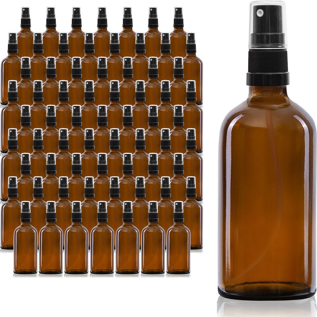 68 x 100ml Sprühflasche, Braunglas, schwarzer Zerstäuber