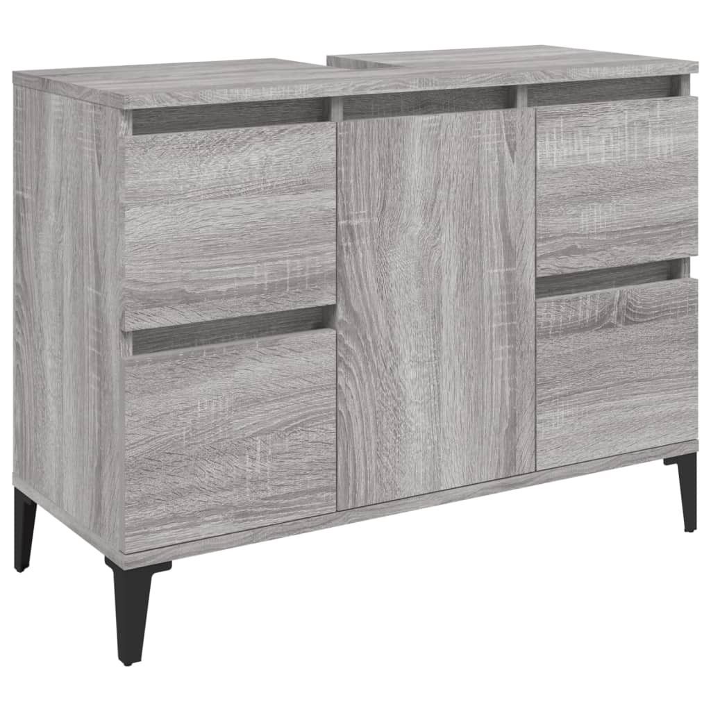 A studio shot of a gray washbasin cabinet with wooden texture.