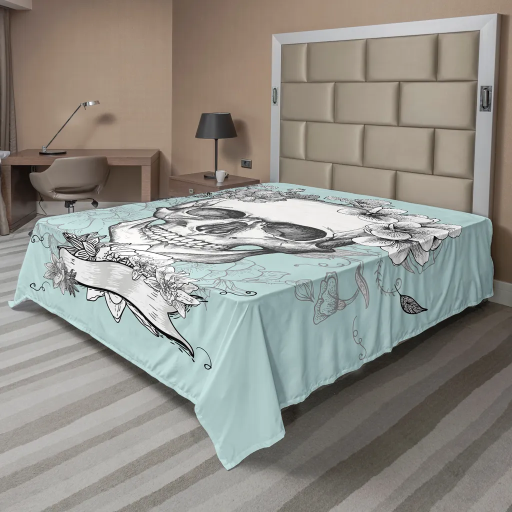 Drap de lit grunge ABAKUHAUS tête de mort et fleurs turquoise 266x260 cm