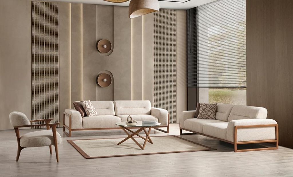 Designer Beige Sofagarnitur Hochwertig Wohnzimmer Dreisitzer Polster Sessel Set