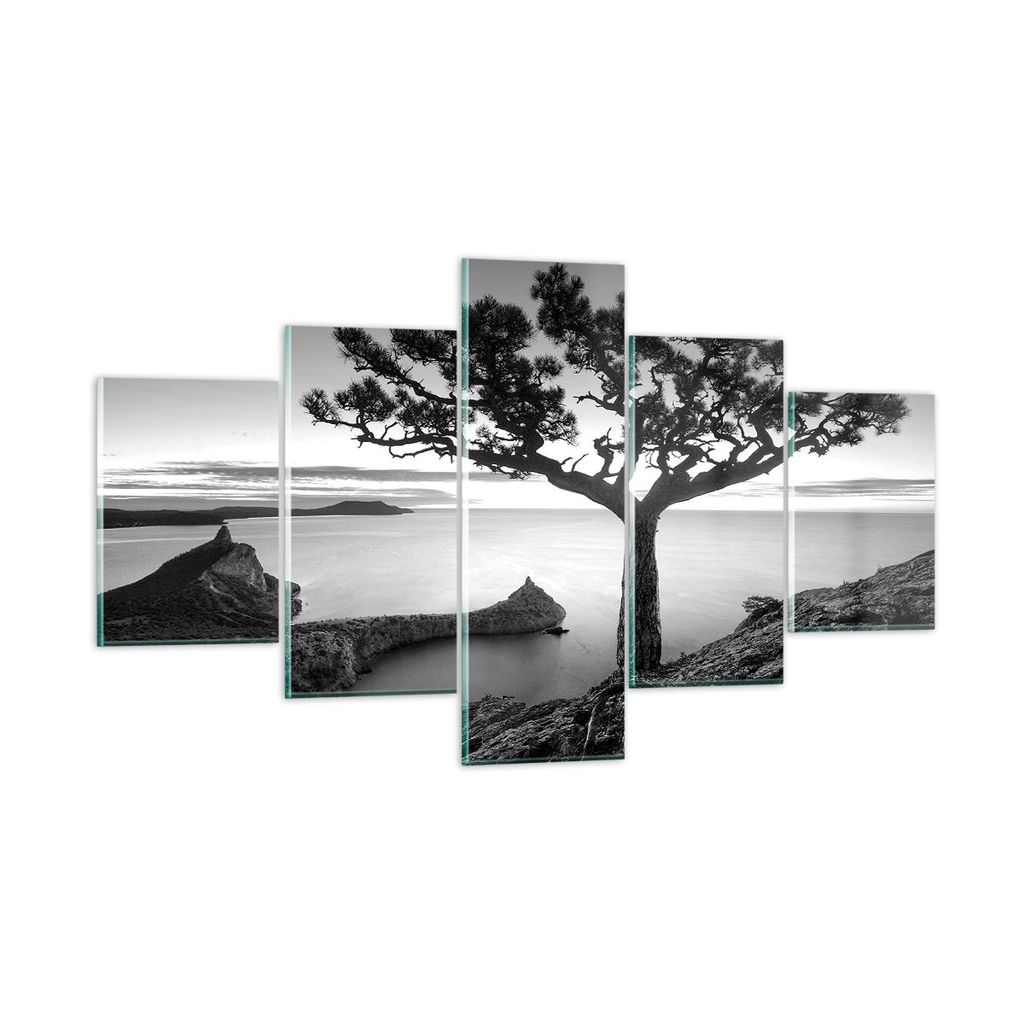 Bilder auf glas - 5 Teile - Baum Schwarzweiß Ansicht - 125x70cm - Glasbilder - Wandbilder - Bilder - zum Aufhängen bereit - Wanddekoration aus Gl...
