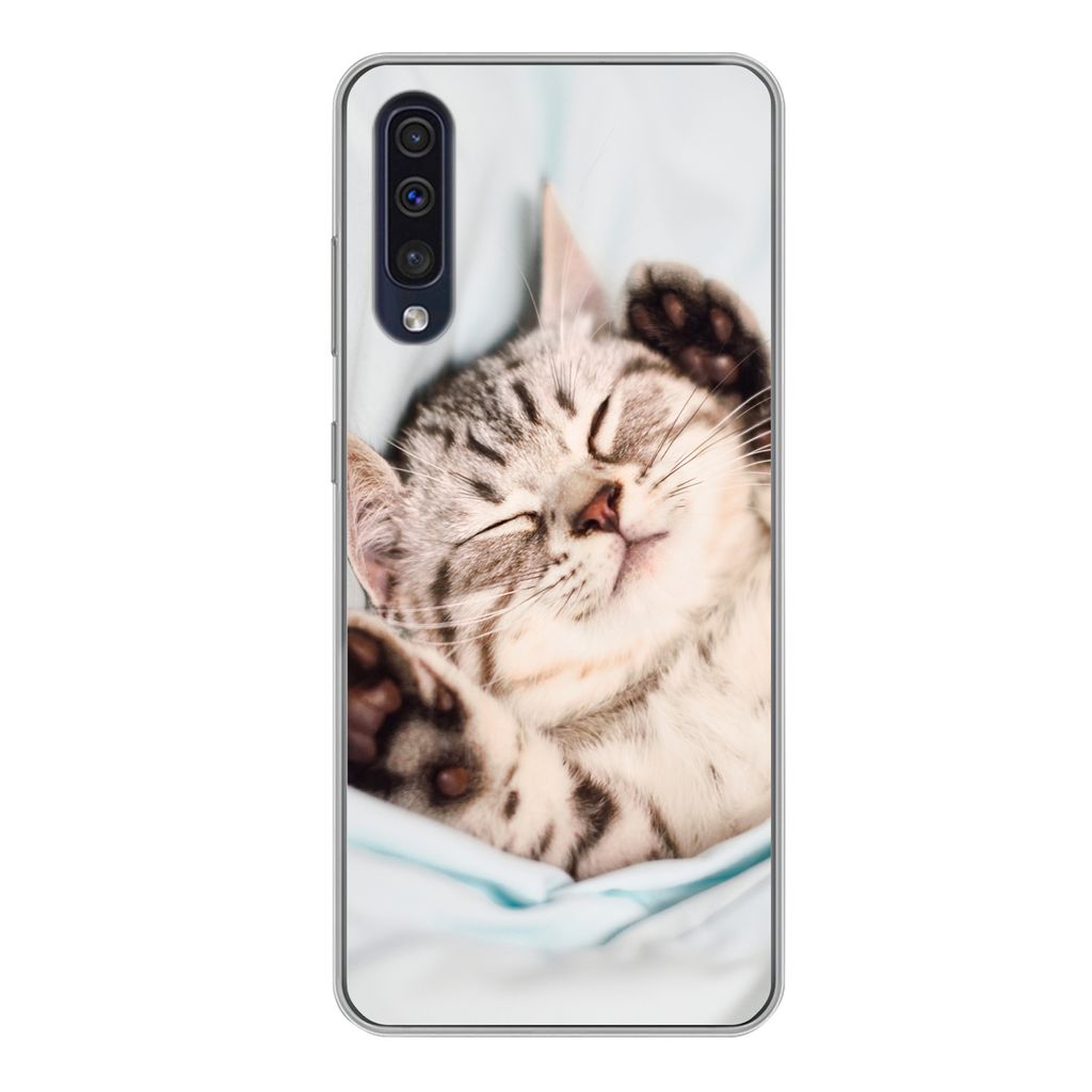 MuchoWow Handyhülle Schutzhülle Hülle für Samsung Galaxy A50 Kätzchen - Lustig - Bett - Kinder - Jungen - Mädchen - Kinder Silikon Softcase...