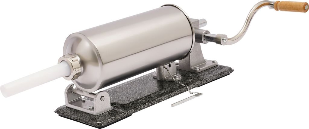 A stainless steel sausage stuffer with a crank handle and a white filling tube, shown on a dark gray base.