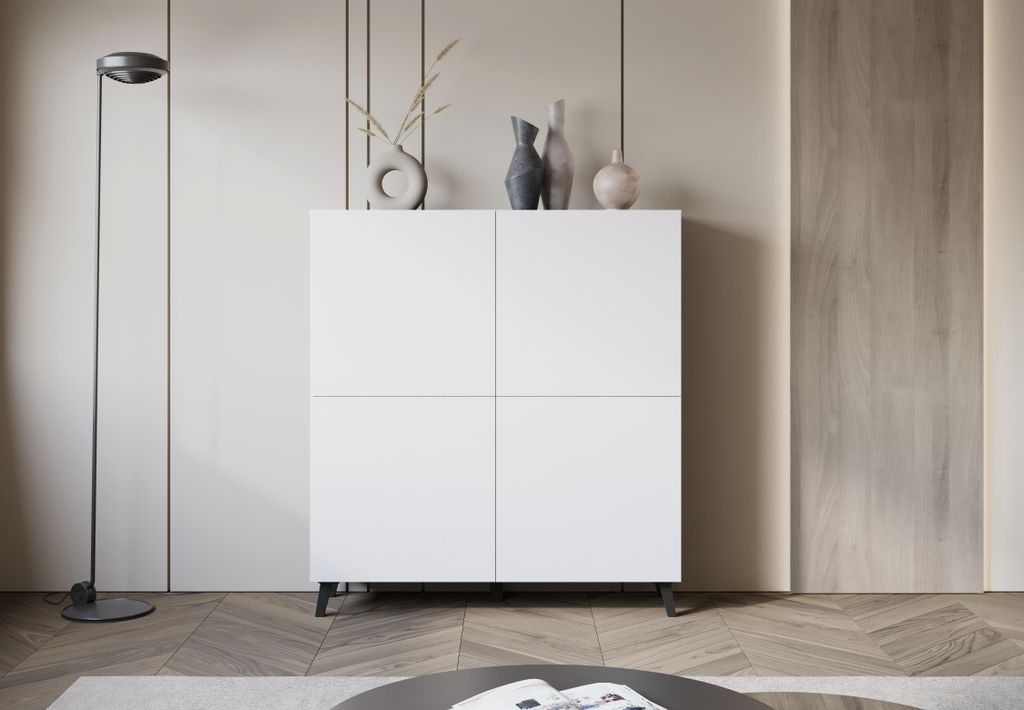 MINIO go for it, Hohe Kommode LOKET 120 cm – Elegantes Sideboard mit viel Stauraum und schrägen Füßen, Weiß Farbe