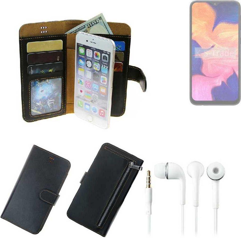 TOP SET Handy Hülle Schutz Hülle kompatibel mit Samsung Galaxy A10 schwarz aus Kunstleder + Kopfhörer Smartphone Tasche vollwertige Geldbörse