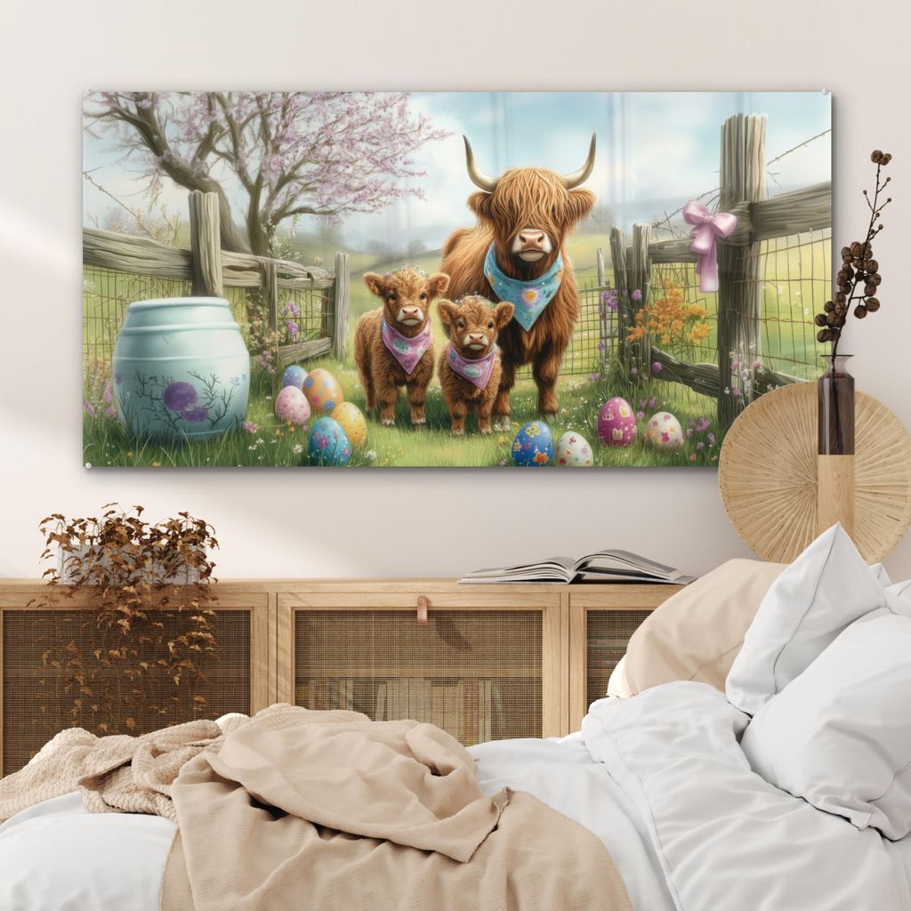 MuchoWow Glasbilder - Bilder auf Wandbild - Foto auf Glas Schottische Hochlandrind - Ostereier - Frühling 120x60 cm Wanddekoration aus Glas - Acry...