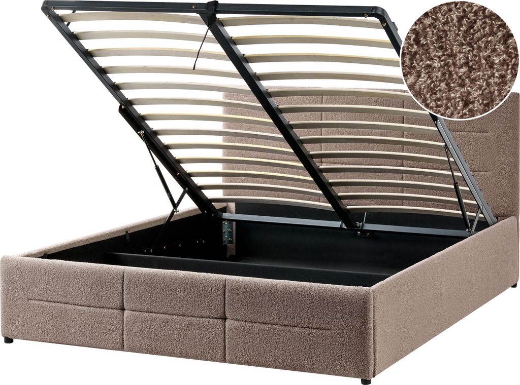 BELIANI Bett Taupe Bouclé Gesteppt mit Bettkasten Lattenrost 140x200 cm Hochklappbar Hohes Kopfteil Modern Stauraumbett Doppelbett Polsterbett
