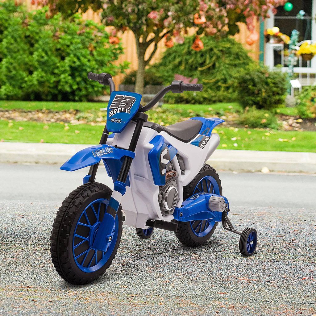 Kindermotorrad Elektro, Elektromotorrad Kinder mit Soft-Start, Stützräder, PP+Metall, Blau-Weiß | 106,5x51,5x68 cm | 3–8 km/h | 45 Min. | ab 3...
