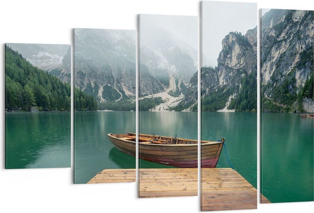Bild auf Leinwand - Leinwandbild - Berge See Boot - 150x100cm - Wand Bild - Wanddeko - Wandbilder - Leinwanddruck - Bilder - Kunstdruck - Wanddekor...